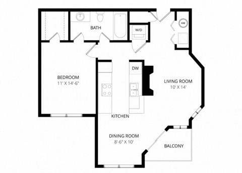 Floor plan for 1 bed, 1 bath, 742 sqft